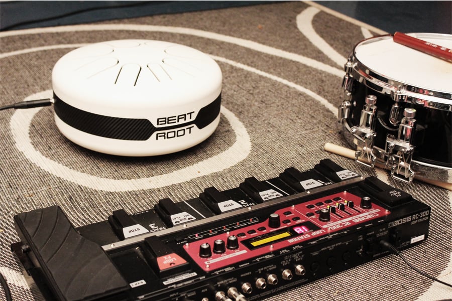 Beat Root tongue drum plugged into guitar/bass effects and a looper
